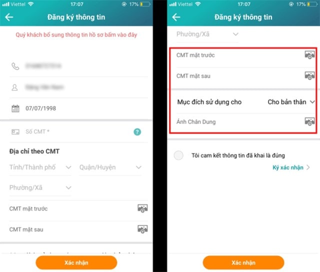 Nhấn nút Xác nhận để hoàn tất đăng ký thông tin thuê bao trên my Viettel trực tuyến